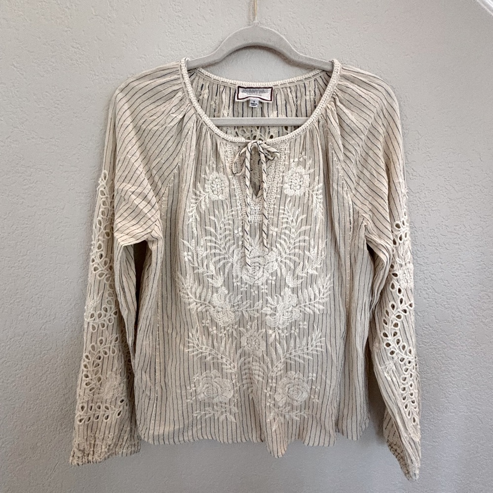 Johnny Was Beige Embroidered Top